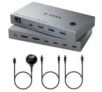 USBC KVM Switch 4K @ 60Hz, USBC Dual Monitors KVM Switch for 2 Laptops that Share 2 Monitors and 4 USB 3.0 Devices, 100W PD for 2 Laptops with Wire Remote and USB Cable