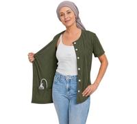 USBD Mastectomy Shirt with Drain Pockets After Surgery Post Op Button Down Shirt with Drain Holder Management (Large, Olive)