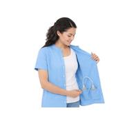 USBD Post Mastectomy Shirt Drain Pockets Band Collar Button Up Soft Tops Double Mastectomy Clothing (Large, Sky Blue)