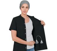 USBD Post Mastectomy Shirt Drain Pockets Band Collar Button Up Soft Tops Double Mastectomy Clothing (Medium, Black)