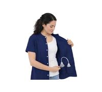 USBD Post Mastectomy Shirt Drain Pockets Band Collar Button Up Soft Tops Double Mastectomy Clothing (Small, Navy)