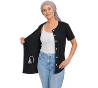 USBD Post Mastectomy Shirt with Drain Pockets, Crew Neck Button Front Recovery Post op Top, Soft Cotton Blend (XX-Large, Black)