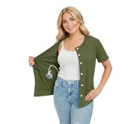 USBD Post Mastectomy Shirt with Drain Pockets, Crew Neck Button Front Recovery Post op Top, Soft Cotton Blend (Medium, Olive)