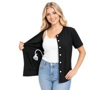 USBD Post Mastectomy Shirt with Drain Pockets, Crew Neck Button Front Recovery Post op Top, Soft Cotton Blend (X-Large, Black)