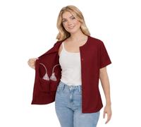 USBD Post Mastectomy Shirt with Drain Pockets, Crew Neck Button Front Recovery Top, Soft Cotton Blend (Medium, Maroon)