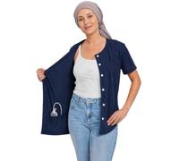USBD Post Mastectomy Shirt with Drain Pockets, Crew Neck Button Front Recovery Top, Soft Cotton Blend (Small, Navy)