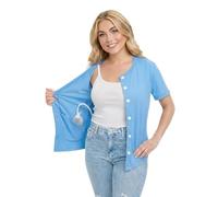USBD Post Mastectomy Shirt with Drain Pockets, Crew Neck Button Front Recovery Top, Soft Cotton Blend (Small, Sky Blue)