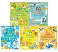 Usborne: 100 Children's Puzzles, Crosswords & Wordsearches by Phillip Clarke 5 books Collection Set (Number Puzzles & Games, Crosswords:Planet Earth, Wordsearches:Holiday, Crosswords:Holiday &Animals)