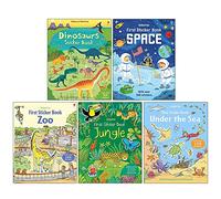 Usborne 5 Count Multicolor Animal Print Dinosaur Sticker Activity Books Set (Dinosaur, Space, Zoo, Jungle, Under the Sea)
