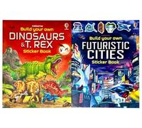 Usborne Build Your Own Sticker Books Collection - 2 Book Set: Dinosaurs & T. Rex + Futuristic Cities | Interactive Build-Your-Own Sticker Activity Books for Kids