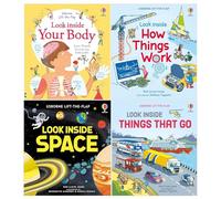 Usborne Lift-The-Flap Look Inside Series 4 Books Set (Your Body, Space, Things That Go, How Things Work)
