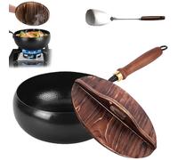 Usceshonn Iron Pot, Hand-Forged Non-Stick Pan, Uncoated Thick Iron Pot, Triple Stainless Stee, with Smooth-Wooden Lid Multi, On Electric Stoves, Induction Cookers and Gas Stoves (Wooden lid,11.02in)