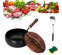 Usceshonn Iron Pot,mexicoify uncoated Thick Iron Pot, Hand-Forged Non-Stick Pan, Triple Stainless Steel, with Wooden Lid/Glass Multi - Purpose for Baking, Cooking, Stewing (A, 24cm)