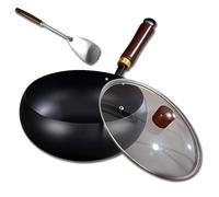 Usceshonn Iron Pot,Uncoated Thick Iron Pot,24/26/28cm Handmade Hammered Large Belly Pot with Wooden Lid/Glass Cover,Triple Stainless Steel Non-Stick Pans Without Coating (B,24CM)