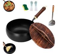 Usceshonn Iron Pot, Uncoated Thick Iron Pot with Wooden Lid/Glass Cover, Hand-Forged Non-Stick Pan, Triple Stainless Steel, Large Capacity & Deep, for Baking, Cooking, Stewing (Wooden Lid,24cm)