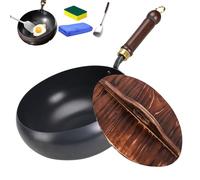 Usceshonn Iron Pot, Uncoated Thick Iron Pot, with Wooden Lid/Glass Cover, Hand-Forged Non-Stick Pans Without Coating, High Purity Frying Pans for Cooking (Wooden lid,9.4in)