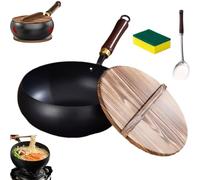 Usceshonn Iron Pot with Lid, Suntuup Hand-Forged Non-Stick Iron Pan Without Coating, Handmade Hammered Large Belly Pot, Suntuup Japanese Ironpan Uncoated (Smooth with Wooden Cover,24cm/9.45inch)