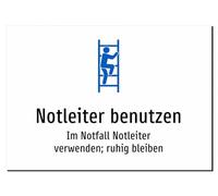 Use emergency ladder - use emergency ladder in an emergency; stay calm - aluminium sign A3: 420 x 297 mm - with graphic and text