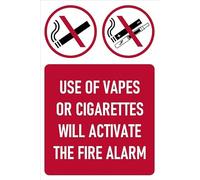 Use of vapes or cigarettes will activate the fire alarm, prohibition sign - Self adhesive sticker (200mm x 150mm)