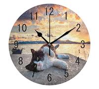 Use7 Home Decor Black White Cat Sunset Round Acrylic Wall Clock Non Ticking Silent Clock Art for Living Room Kitchen Bedroom
