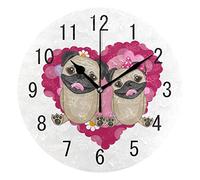 Use7 Home Decor Cartoon Pug Puppy Dog Love Heart Round Acrylic Wall Clock Non Ticking Silent Clock Art for Living Room Kitchen Bedroom