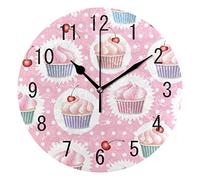 Use7 Home Decor Cherry Cupcake Polka Dot Round Acrylic Wall Clock Non Ticking Silent Clock Art for Living Room Kitchen Bedroom