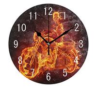 Use7 Home Decor Fantasy Fire Skeleton Riding Motorcycle Round Acrylic Wall Clock Non Ticking Silent Clock Art for Living Room Kitchen Bedroom