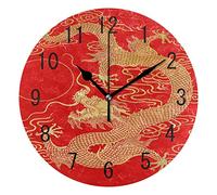 Use7 Home Decor Gold Dragon Flying Chinese Red Round Acrylic Wall Clock Non Ticking Silent Clock Art for Living Room Kitchen Bedroom