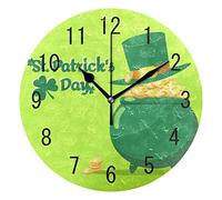 Use7 Home Decor Happy St. Patrick's Day Shamrock Irish Clover Leaves Coins Round Acrylic Wall Clock Non Ticking Silent Clock Art for Living Room Kitchen Bedroom
