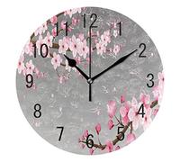 Use7 Home Decor Pink Cherry Blossom Japanese Round Acrylic Wall Clock Non Ticking Silent Clock Art for Living Room Kitchen Bedroom