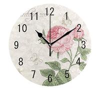 Use7 Home Decor Pink Rose Flower Butterfly Vintage Round Acrylic Wall Clock Non Ticking Silent Clock Art for Living Room Kitchen Bedroom