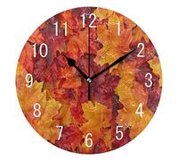 Use7 Home Decor Red and Orange Autumn Maple Leaves Thanksgiving Day Round Acrylic Wall Clock Non Ticking Silent Clock Art for Living Room Kitchen Bedroom