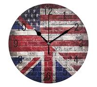 Use7 Home Decor Retro Brick Wall American Flag Union Jack Round Acrylic Wall Clock Non Ticking Silent Clock Art for Living Room Kitchen Bedroom