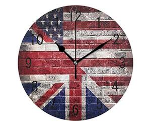 Use7 Home Decor Retro Brick Wall American Flag Union Jack Round Acrylic Wall Clock Non Ticking Silent Clock Art for Living Room Kitchen Bedroom