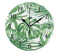 Use7 Home Decor Tropical Palm Tree Monstera Leaf Round Acrylic Wall Clock Non Ticking Silent Clock Art for Living Room Kitchen Bedroom