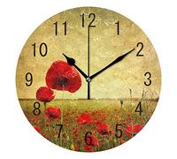 Use7 Home Decor Vintage Poppy Flower Landscape Nature Round Acrylic Wall Clock Non Ticking Silent Clock Art for Living Room Kitchen Bedroom