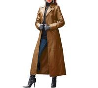 uSecee Womens Fashion Lapel Double Breasted Lambskin Leather Mid Long Jacket Coat Brown