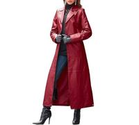 uSecee Women's Leather Coat Long Trench PU Faux Leather Jacket Lapel Long Sleeve Fashion Vegan Leather Trench Mid Coat Windproof Outerwear