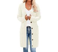 uSecee Womens Long Sleeve Cable Knit Long Cardigan Open Front Button Sweater Outerwear Beige