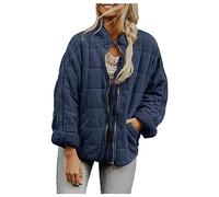 uSecee Women's Loose Short Winter Quilted Cotton-Padded Jacket Stand-up Collar Zipper Coat with Pockets Solid Color Jacket Dark Blue