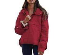 uSecee Women's Oversized Hooded Puffer Jacket Quilted Lightweight Long Sleeve Coat Winter Warm Padded Pullover Red
