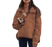 uSecee Women's Pullover Puffer Jacket Quilted Lightweight Oversized Winter Hooded Outwear Brown