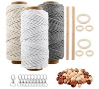 USENG Macrame Set for Beginners, 3 mm Cotton Yarn, DIY Starter Kit with Wooden Beads, Rings, Sticks for Wall Decor, Gift