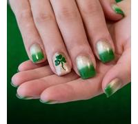 User Friendly ABS Short Glossy False Nails 24Pcs Artificial Nails Gradient Green Shamrock Glitters French Tip Design French Glitters