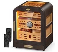USEWIRE Cigar Humidor, 3 Side Windows Humidor Cigar Box, Cedar Wood Drawer Cigar Cabinet, with LED Lighting System, Digital Thermometer and 2 Cigar Humidifiers, Glass Top Cigar Case for 80-120 Cigars