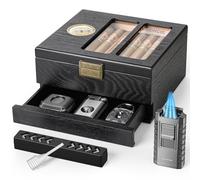 USEWIRE Cigar Humidor, Glass Top Cedar Wood Cigar Box, Cigar Humidor for 20-35 Cigars with Hygrometer, Cigar Lighter and Cigar V-Cutter, Gift for Cigar Lovers