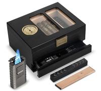 USEWIRE Cigar Humidor, Glass Top Cedar Wood Cigar Box, Cigar Humidor for 20-35 Cigars with Hygrometer, Cigar Lighter and Cigar V-Cutter, Gift for Cigar Lovers