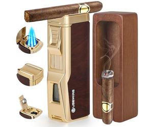 USEWIRE Cigar Lighter and Ashtray Set, Quad Windproof Jet Flame, with Cigar Holder and Cigar Punch, Refillable Butane Gas Lighter, Multifunctional Cigar Accessories Gift Set