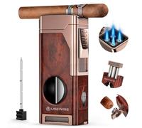 Usewire Cigar Lighter, Metal Torch Lighter with V-Cigar Cutter, Cigar Holder, Cigar Punch, Refillable Butane, 4 Jet Windproof Lighter, Multi-Purpose Cigar Accessory