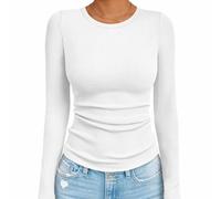 Usewon Women Long Sleeve Shirts Ribbed Slim Fit Fall Basic Tops | Crewneck Home Work Business Casual Stretch Knit Going Out Top for Spring Winter Layering Undershirt